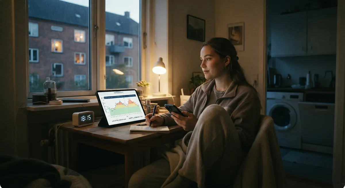 Kvinde tjekker elpriser på en tablet en aften ved vinduet, med vaskemaskinen i baggrunden
